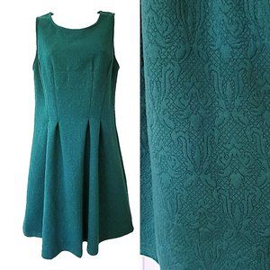 Francesca's Jacquard Damask Pattern Fit & Flare Pleated Mini Dress in Emerald